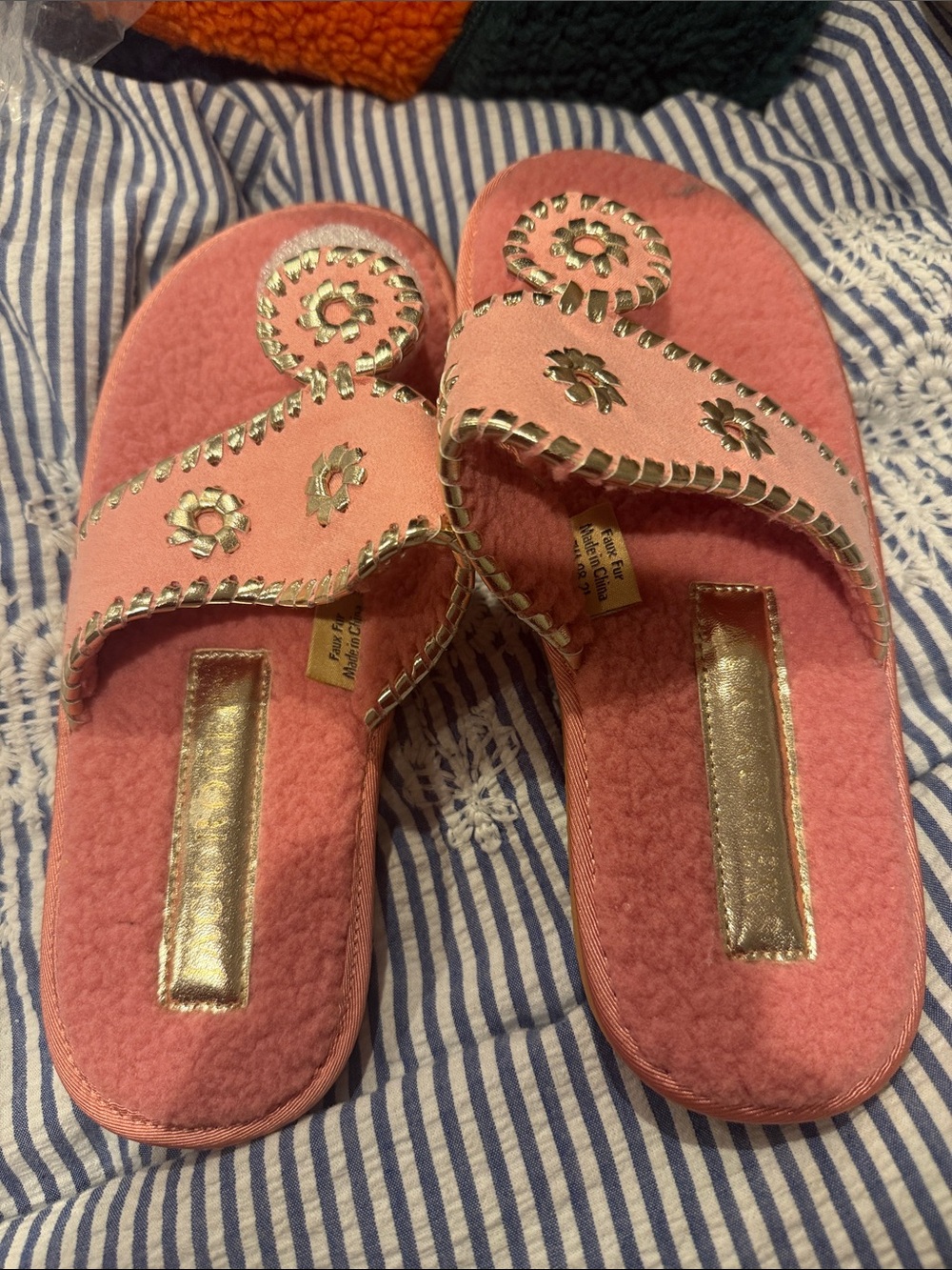 Jack Rogers Pink Slide Slippers with Metallic Gold Stitching